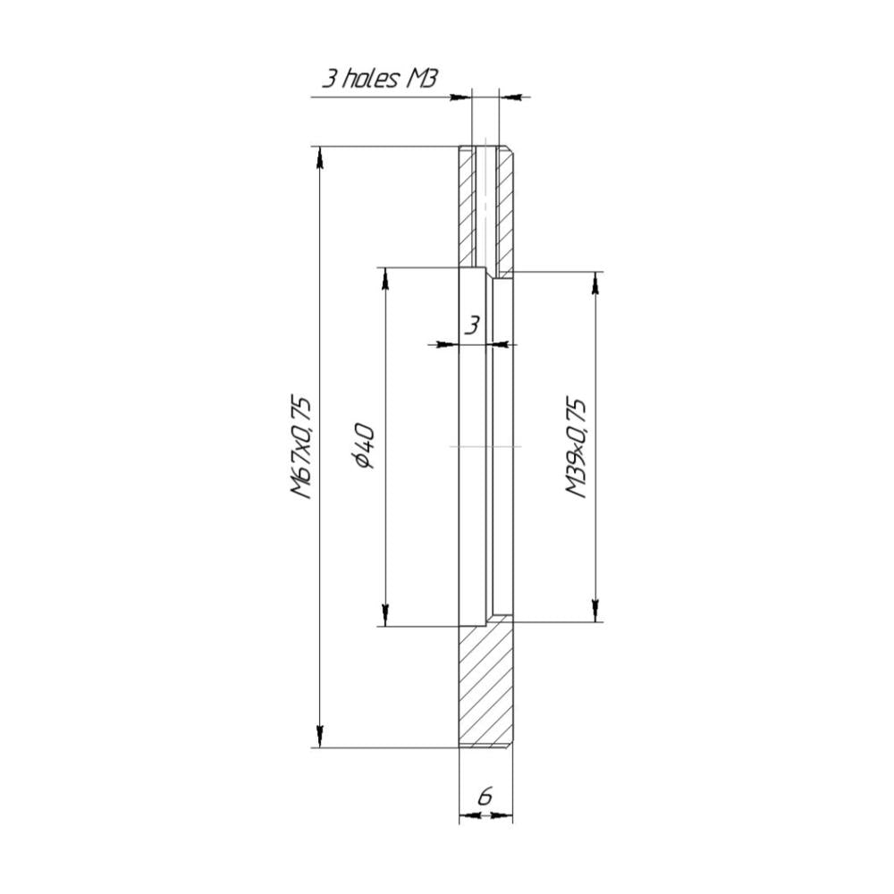 M67x0.75 male to M39x0.75 female thread adapter, flangeless