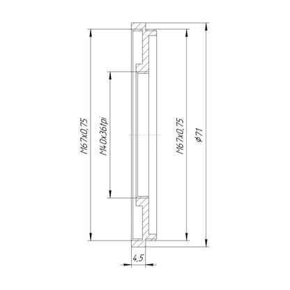 M67x0.75 male to M40x36tpi female thread adapter (67mm to 40mm step-down ring)