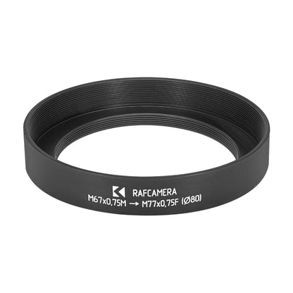 M67x0.75 male to M77x0.75 female thread adapter with 80mm outer diameter
