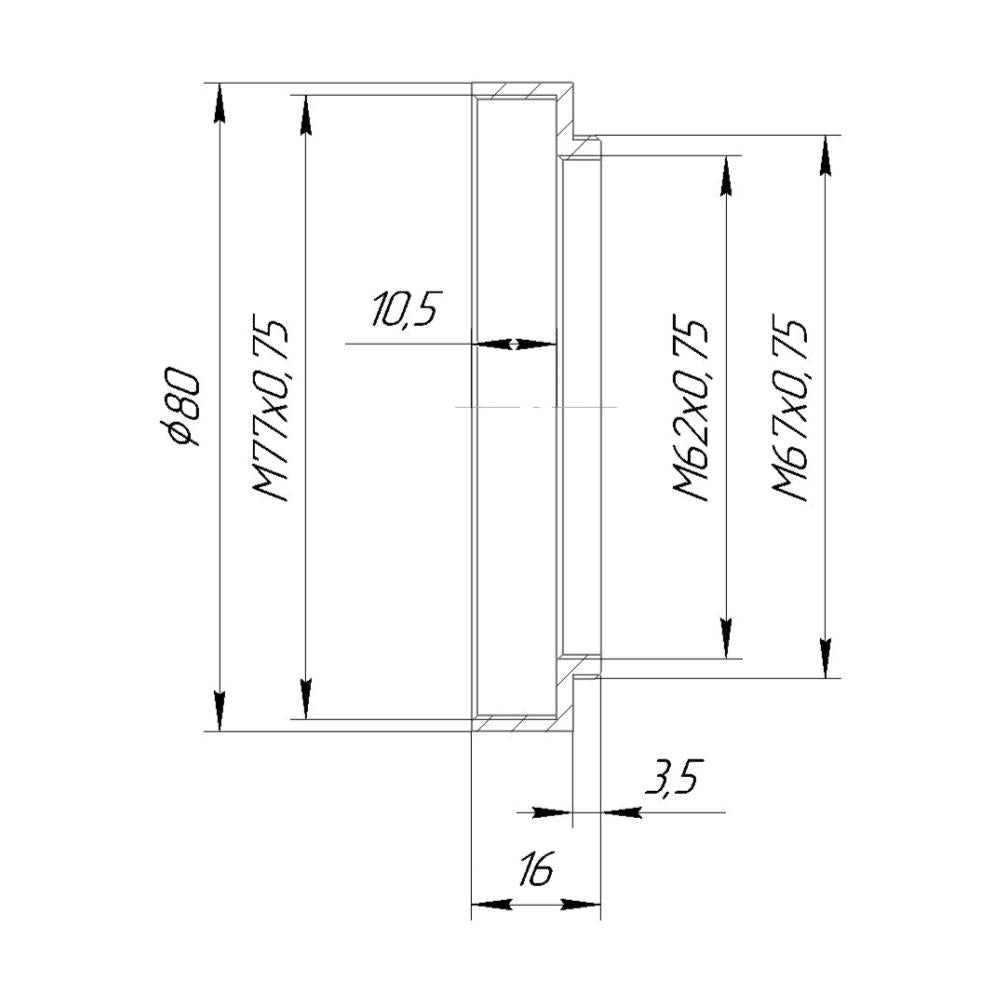 M67x0.75 male to M77x0.75 female thread adapter with 80mm outer diameter