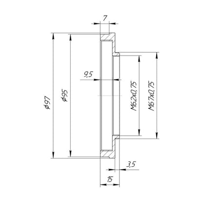 M67x0.75 male to M86x1 female thread adapter with 95mm outer diameter