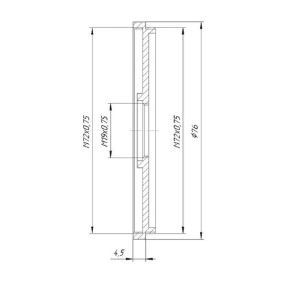 M72x0.75 male to M19x0.75 female thread adapter (72mm to 19mm step-down ring)