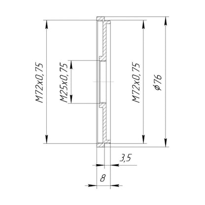M72x0.75 male to M25x0.75 female thread adapter (72mm to 25mm step-down ring)