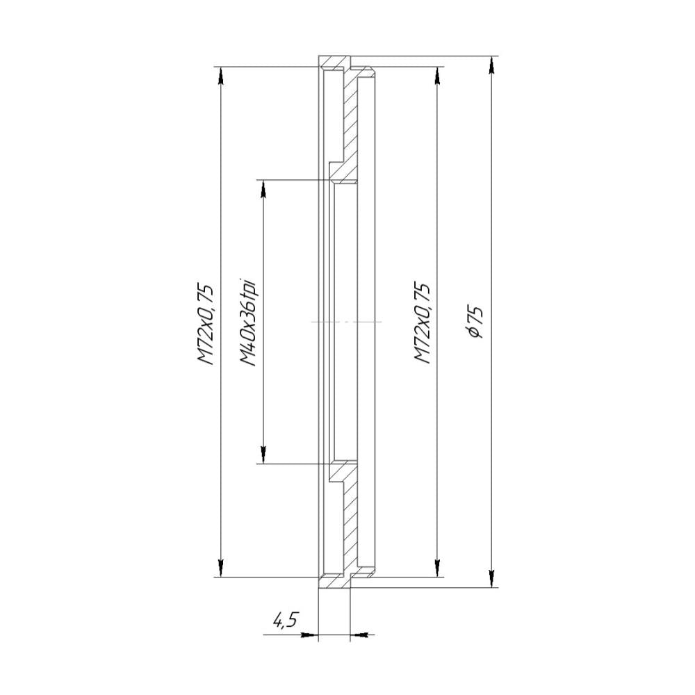 M72x0.75 male to M40x36tpi female thread adapter (72mm to 40mm step-down ring)