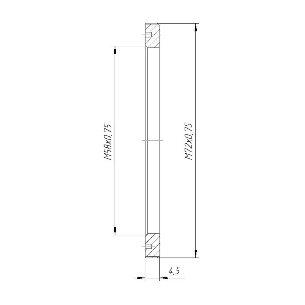 M72x0.75 male to M58x0.75 female thread adapter, flangeless