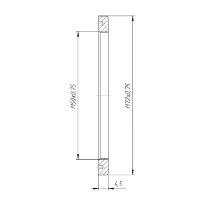 M72x0.75 male to M58x0.75 female thread adapter, flangeless