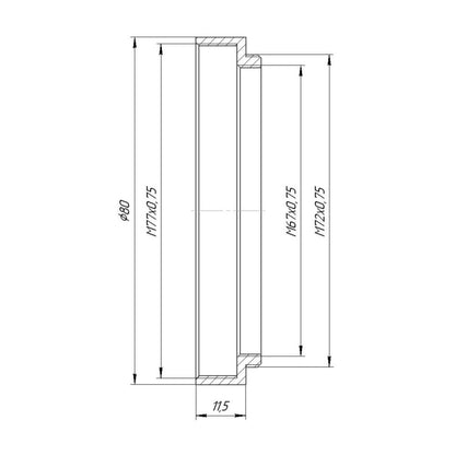M72x0.75 male to M77x0.75 female thread adapter with 80mm outer diameter