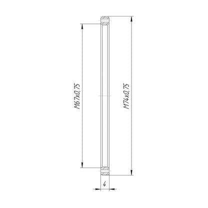 M74x0.75 male to M67x0.75 female thread adapter, flangeless