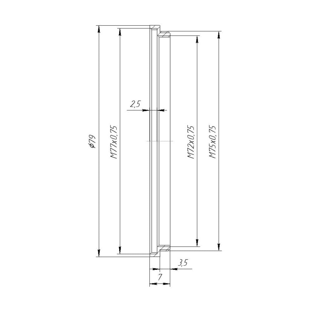 M75x0.75 male to M77x0.75 female thread adapter, 3.5mm thread
