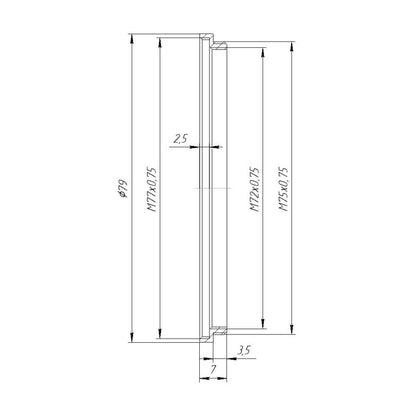 M75x0.75 male to M77x0.75 female thread adapter, 3.5mm thread