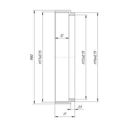 M76x0.75 male to M77x0.75 female thread adapter with 80mm outer diameter
