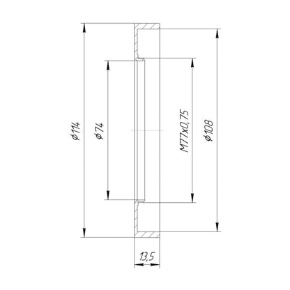 M77x0.75 male thread to 114mm outer diameter adapter (rear projecting)