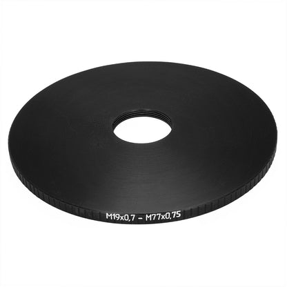 M77x0.75 male to M19x0.75 female thread adapter (77mm to 19mm step-down ring)