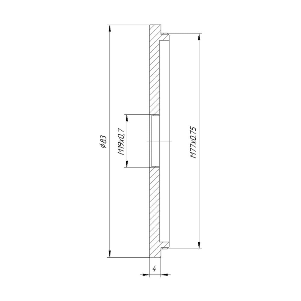 M77x0.75 male to M19x0.75 female thread adapter (77mm to 19mm step-down ring)