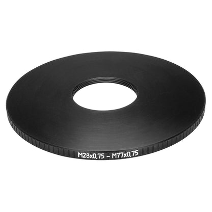 M77x0.75 male to M28x0.75 female thread adapter (77mm to 28mm step-down ring)