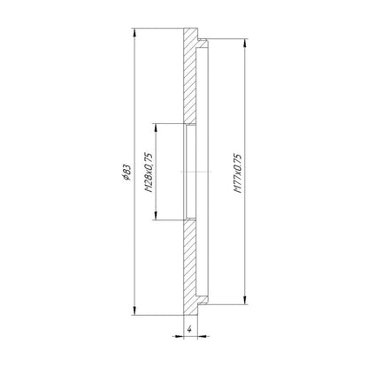 M77x0.75 male to M28x0.75 female thread adapter (77mm to 28mm step-down ring)