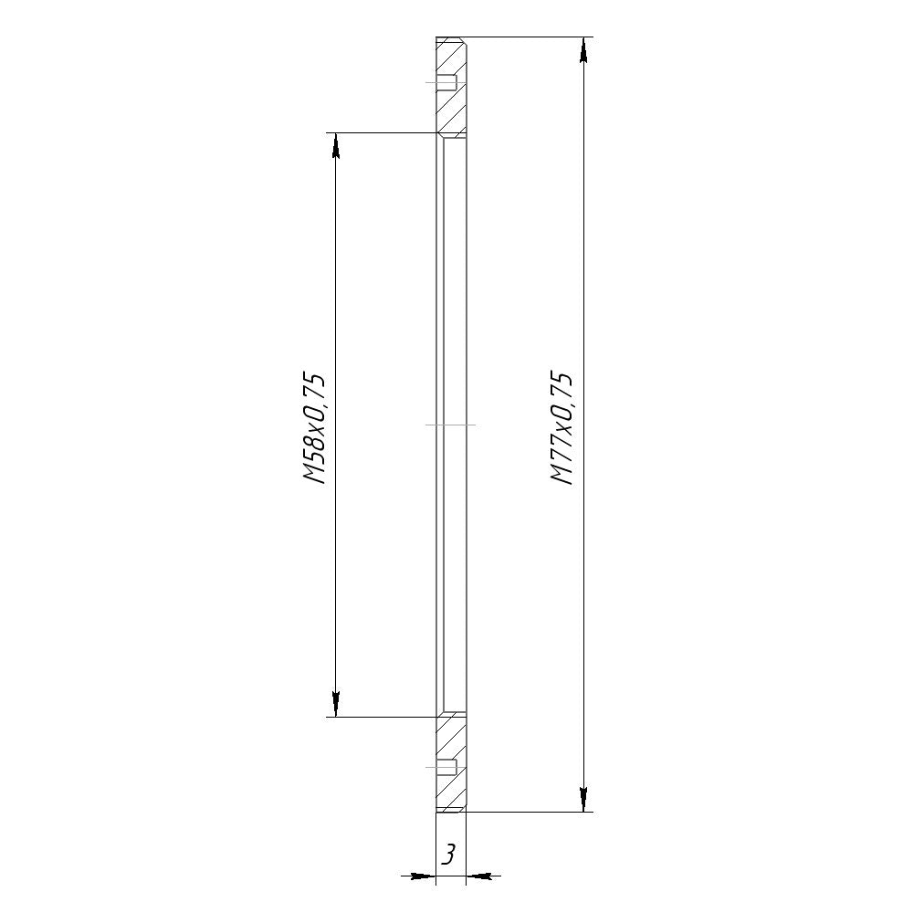 M77x0.75 male to M58x0.75 female thread adapter, flangeless
