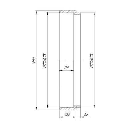 M77x0.75 male to M77x0.75 female thread adapter with 80mm outer diameter
