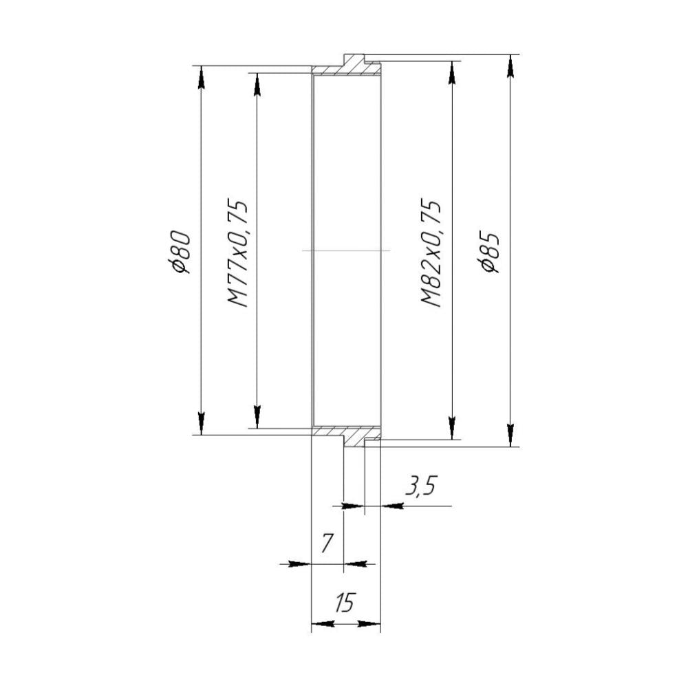 M82x0.75 male to M77x0.75 female thread with 80mm outer diameter