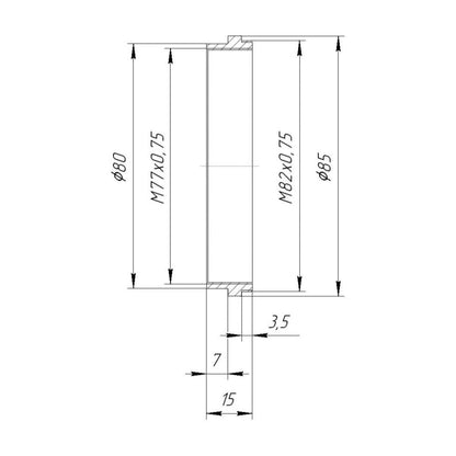 M82x0.75 male to M77x0.75 female thread with 80mm outer diameter