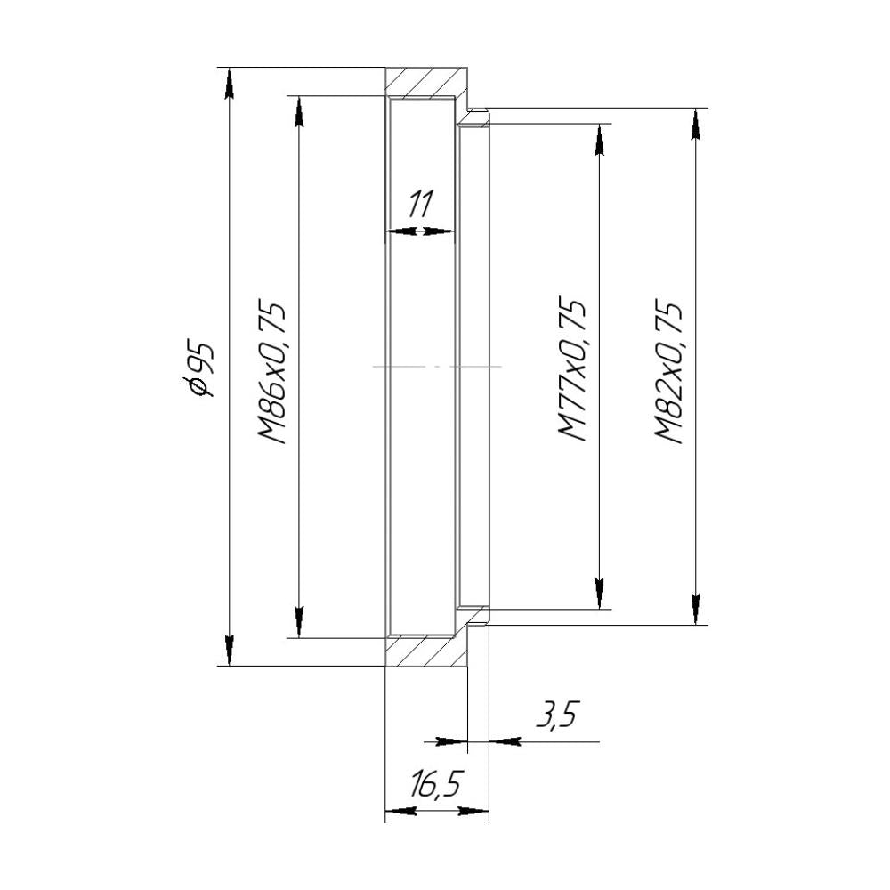 M82x0.75 male to M86x0.75 female thread adapter with 95mm outer diameter