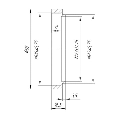 M82x0.75 male to M86x0.75 female thread adapter with 95mm outer diameter
