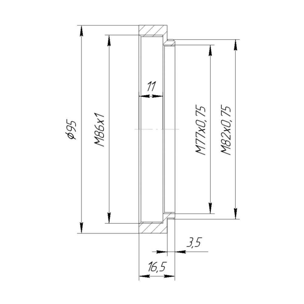 M82x0.75 male to M86x1 female thread adapter with 95mm outer diameter