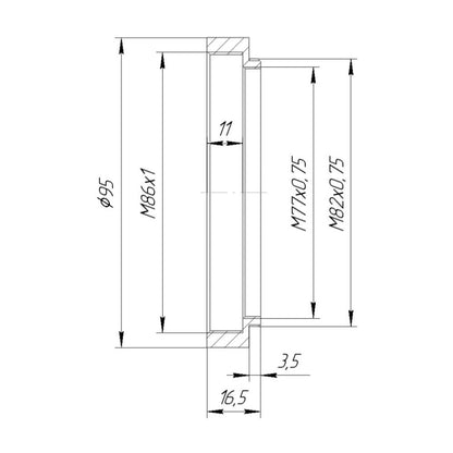 M82x0.75 male to M86x1 female thread adapter with 95mm outer diameter