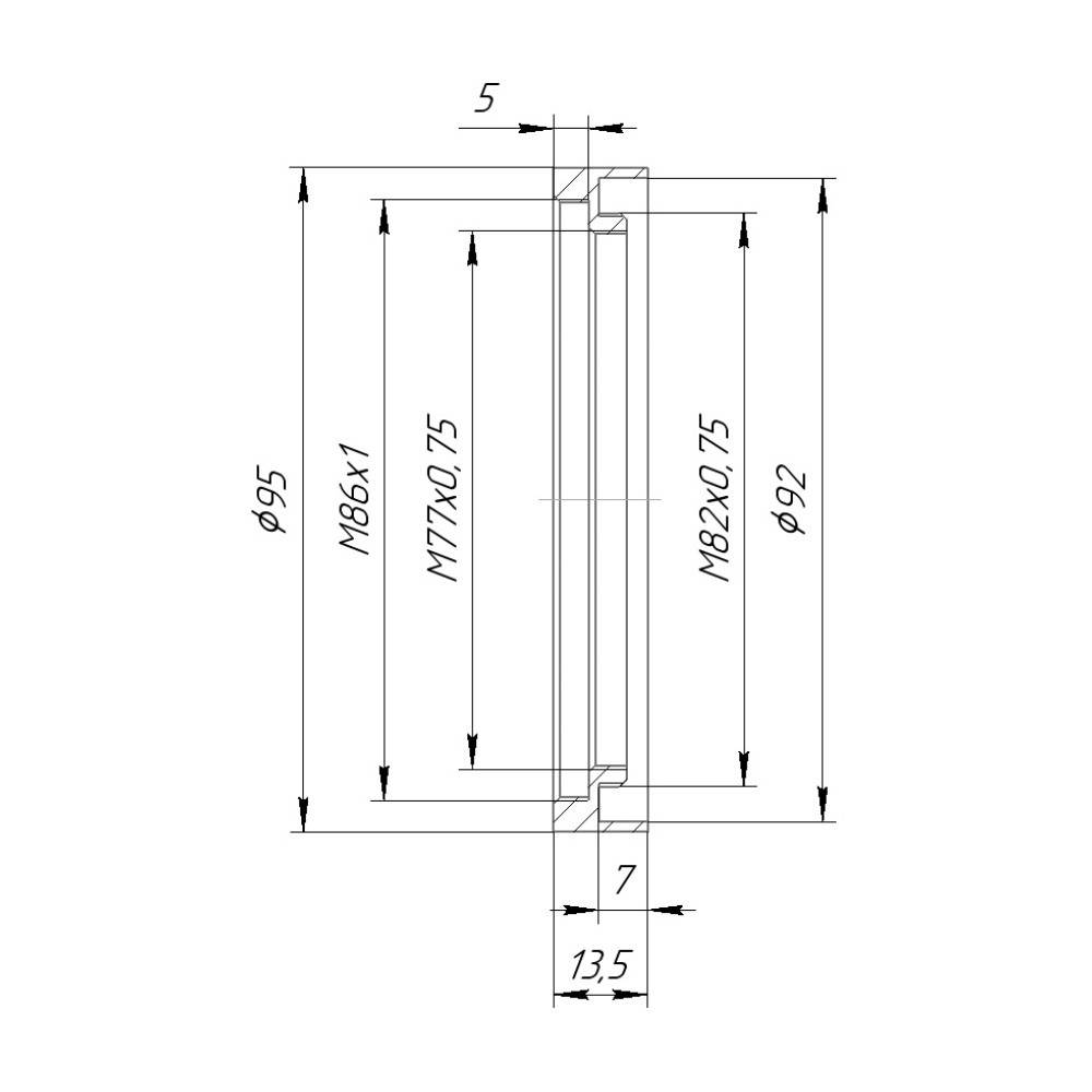 M82x0.75 male to M86x1 female thread adapter with 95mm OD, rear projecting