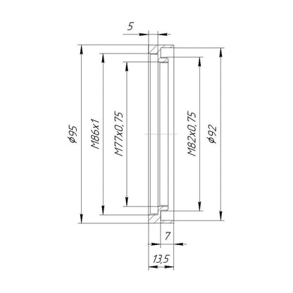 M82x0.75 male to M86x1 female thread adapter with 95mm OD, rear projecting