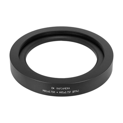 M82x0.75 male to M95x0.75 female thread adapter with 114mm outer diameter