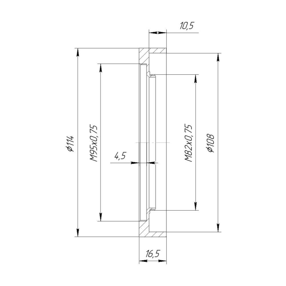 M82x0.75 male to M95x0.75 female thread adapter with 114mm outer diameter