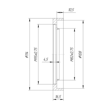 M82x0.75 male to M95x0.75 female thread adapter with 114mm outer diameter