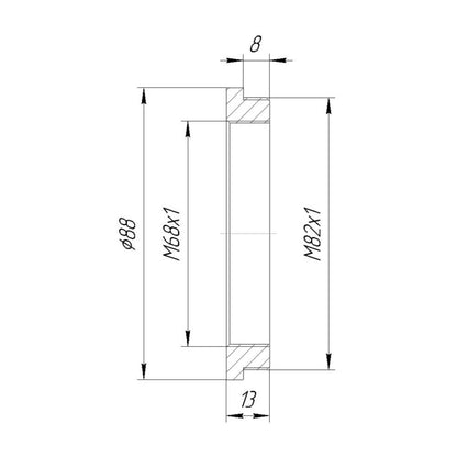 M82x1 male to M68x1 female thread adapter, 5mm
