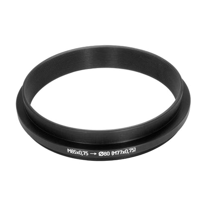 M85x0.75 male to M77x0.75 female thread adapter with 80mm outer diameter