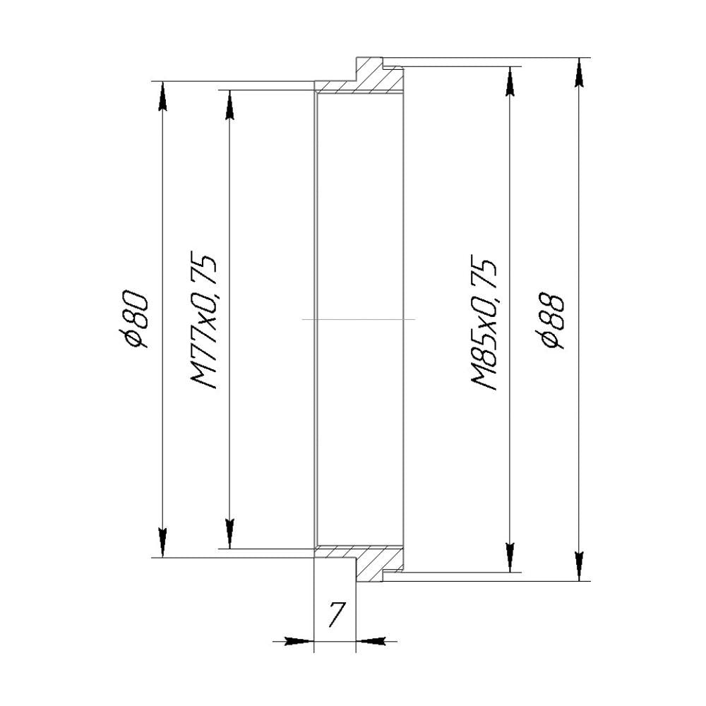M85x0.75 male to M77x0.75 female thread adapter with 80mm outer diameter