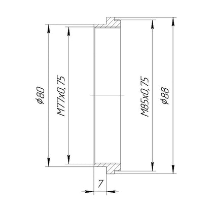 M85x0.75 male to M77x0.75 female thread adapter with 80mm outer diameter