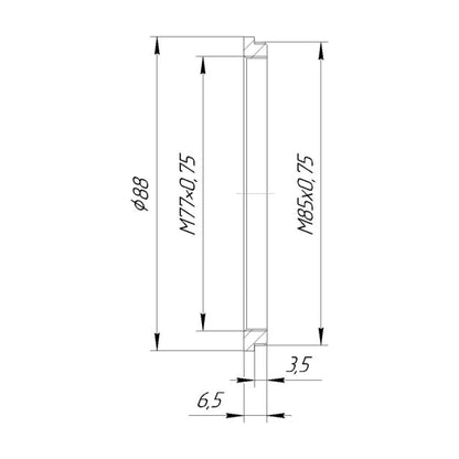 M85x0.75 male to M77x0.75 female thread adapter (85mm to 77mm step-down ring)