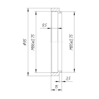 M85x0.75 male to M86x0.75 female thread adapter with 95mm outer diameter