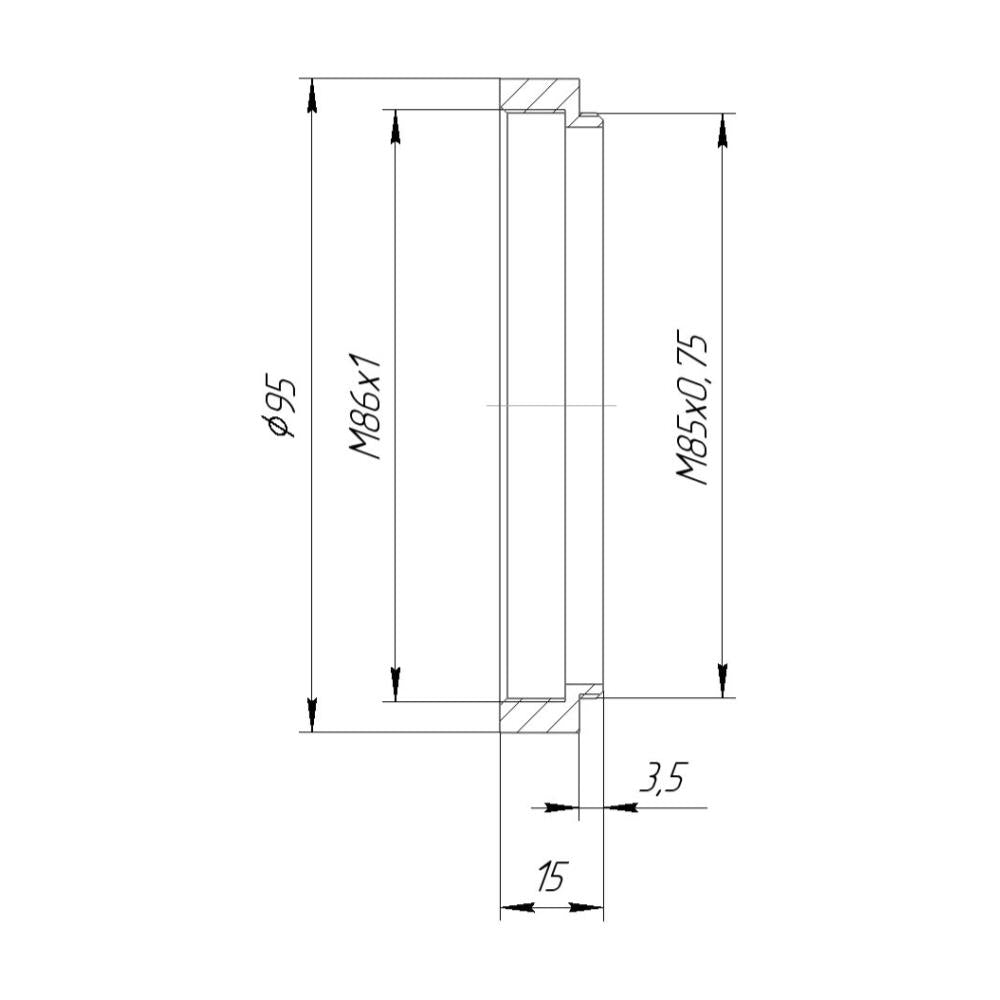 M85x0.75 male to M86x1 female thread adapter with 95mm outer diameter