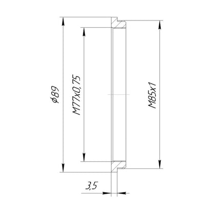 M85x1 male to M77x0.75 female thread adapter, 3.5mm thick