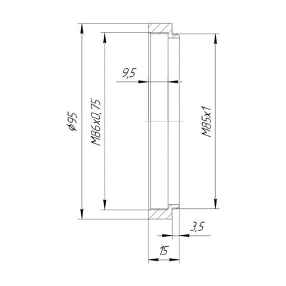 M85x1 male to M86x0.75 female thread adapter with 95mm outer diameter