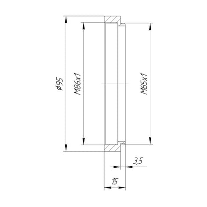 M85x1 male to M86x1 female thread adapter with 95mm outer diameter