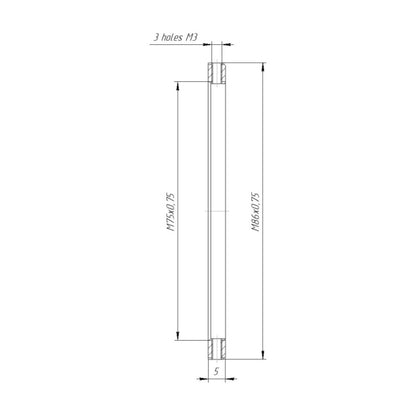M86x0.75 male to M75x0.75 female thread adapter, flangeless