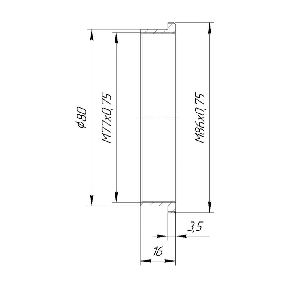 M86x0.75 male to M77x0.75 female thread adapter with 80mm outer diameter