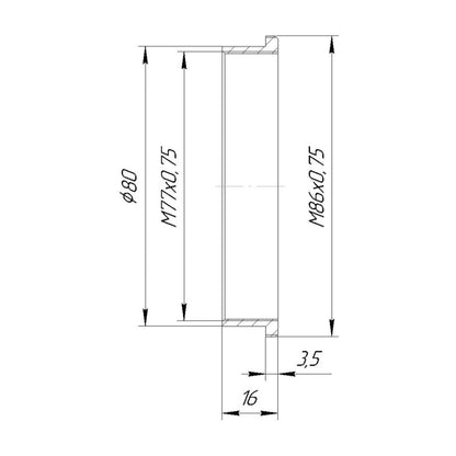 M86x0.75 male to M77x0.75 female thread adapter with 80mm outer diameter