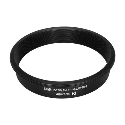 M86x0.75 male to M77x0.75 female thread adapter with 80mm outer diameter