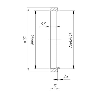 M86x0.75 male to M86x1 female thread adapter with 95mm outer diameter