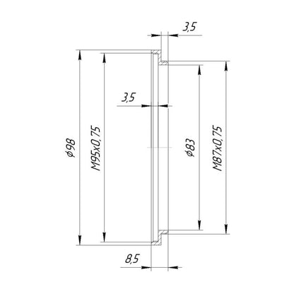 M87x0.75 male to M95x0.75 female thread adapter