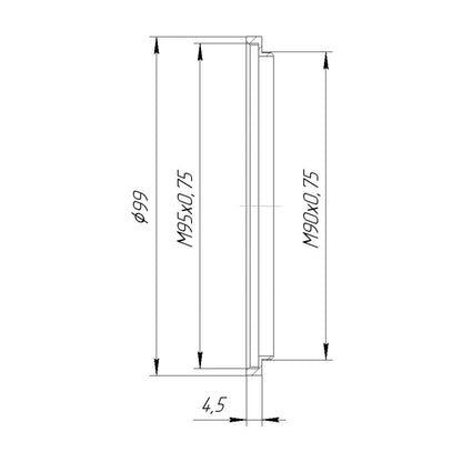 M90x0.75 male to M95x0.75 female thread adapter (90mm to 95mm step-up ring)